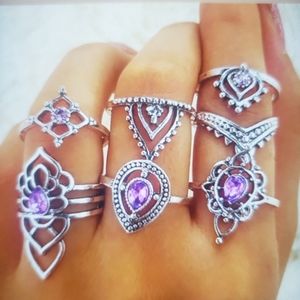 7 piece Boho Amethyst Silver Ring Midi knuckle set